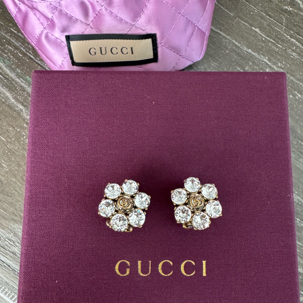 Gucci Gold Floral Crystal Stud Earrings With Clear Stones